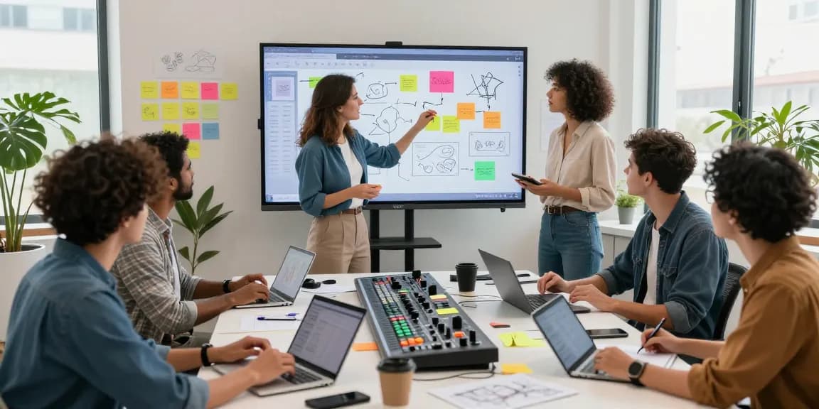 Team collaborating on a mix board in a vibrant office, showcasing creative brainstorming.