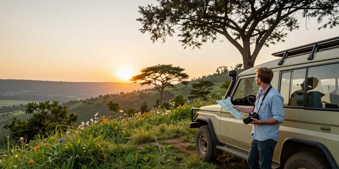 Car hire Uganda adventure scene with a traveler exploring stunning landscapes in a 4x4.