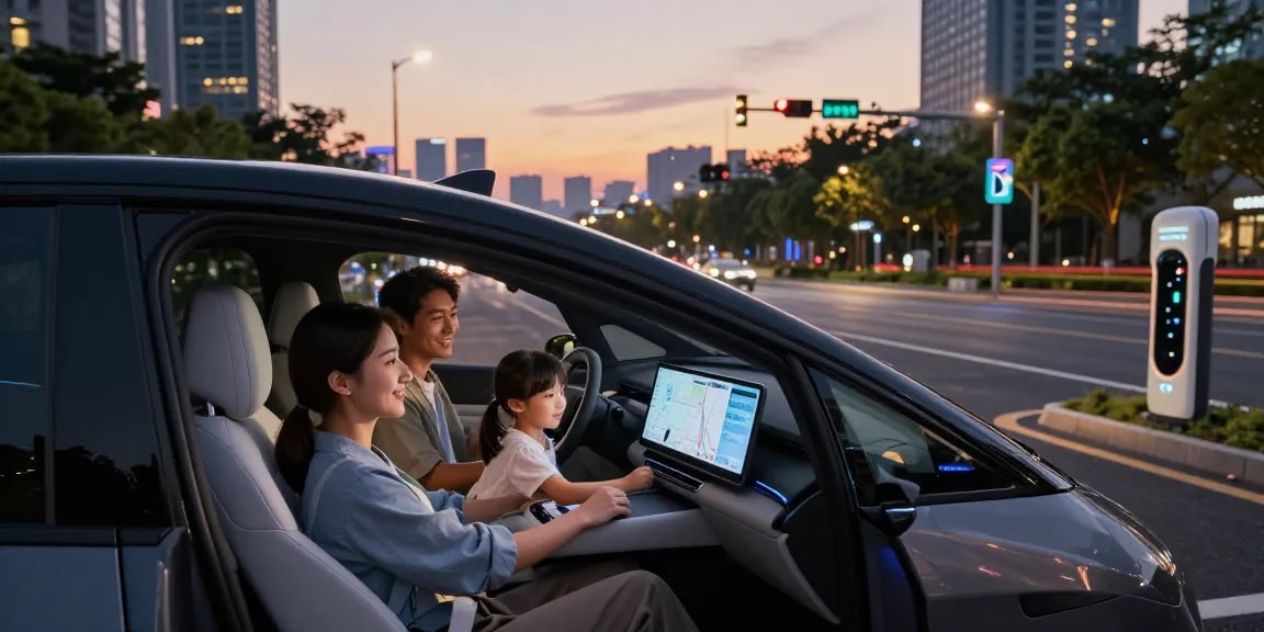 Futuristic autonomous driving vehicle in smart city with family enjoying ride