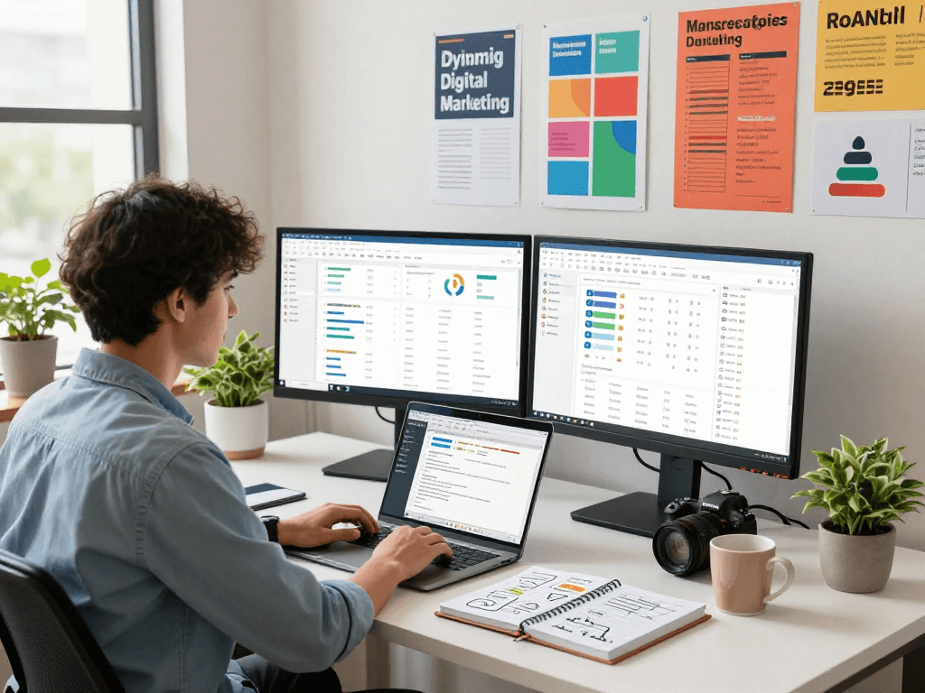 Digital marketing workspace featuring analytics dashboards and social media strategies for ia +18 insights.
