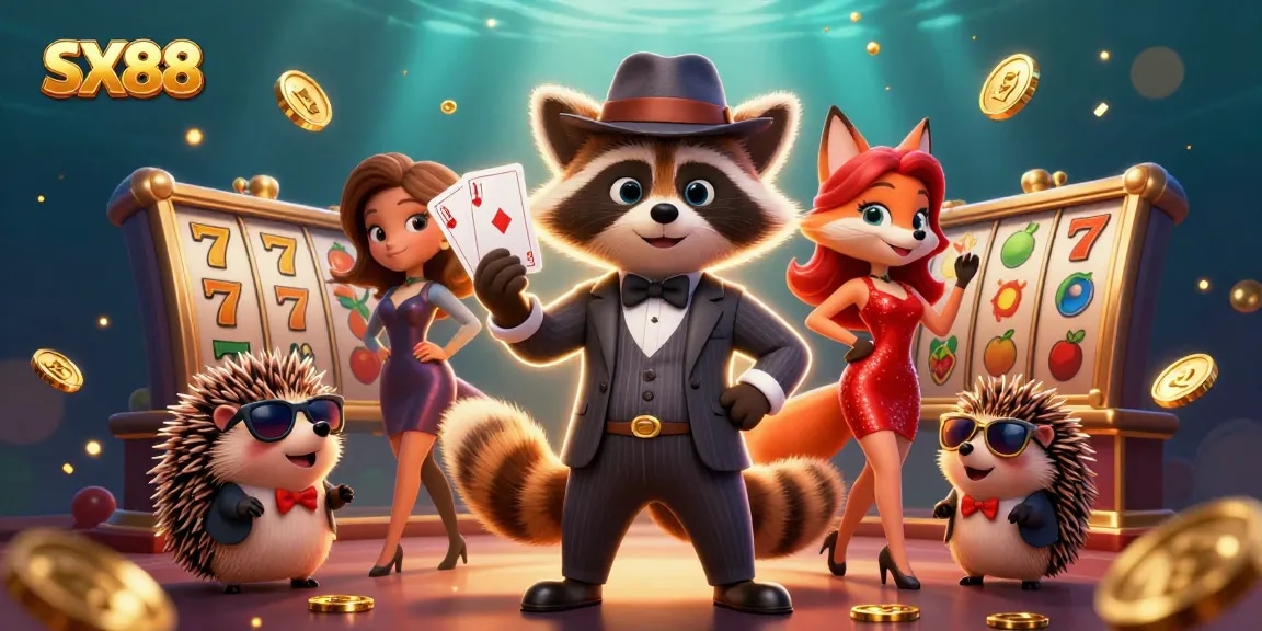 SX88 players enjoying a vibrant 3D casino scene with raccoons, foxes, and hedgehogs at the slots.