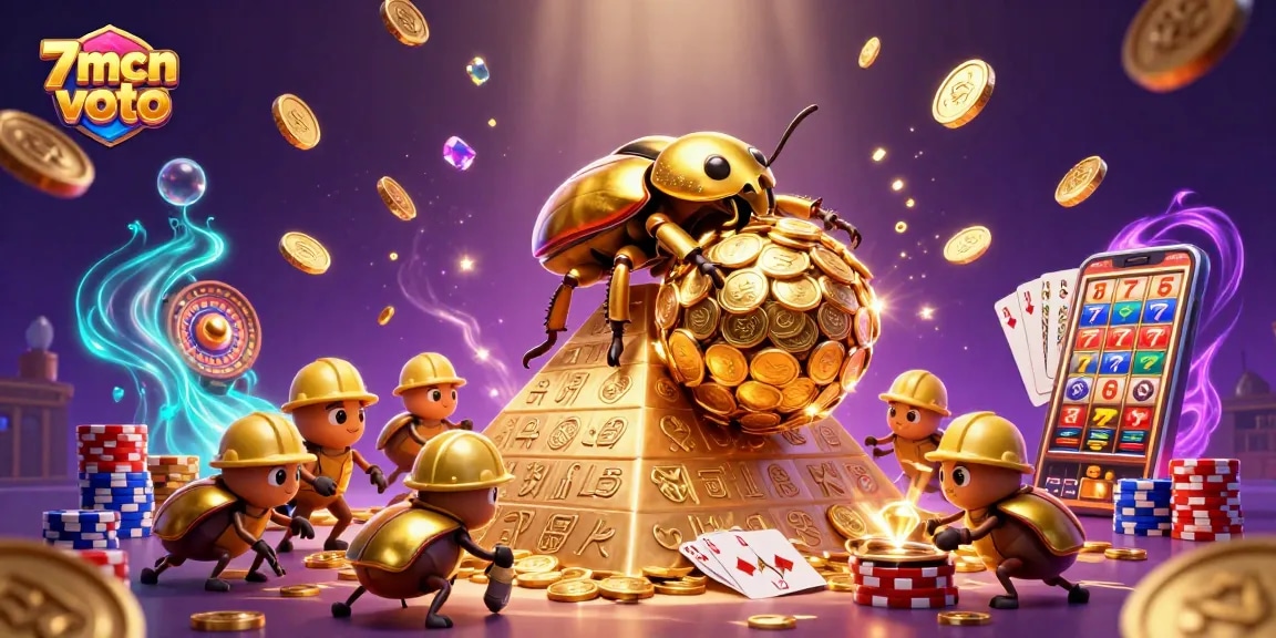 Experience the thrill of 7mcn voto with golden coins and vibrant casino symbols in a dynamic 3D scene.