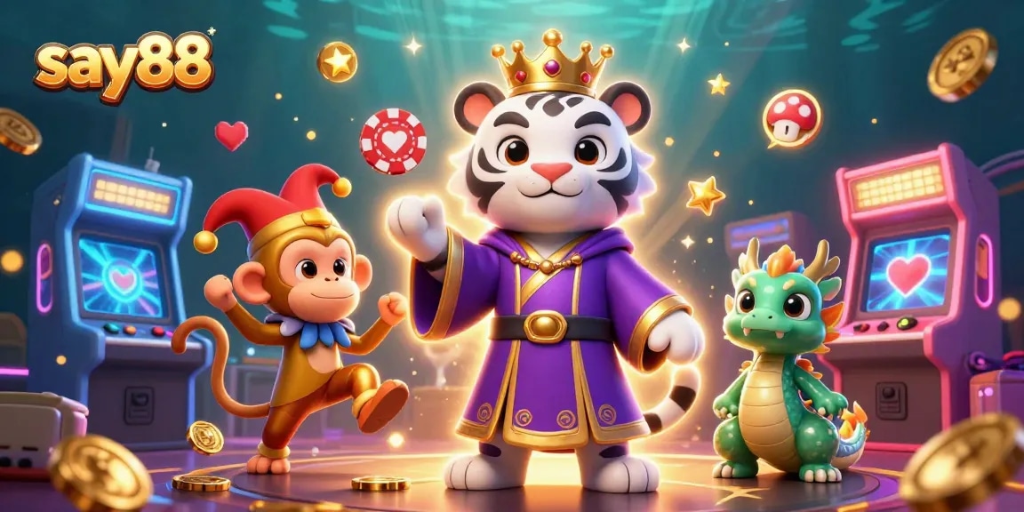 Engage with say88's vibrant casino experience featuring an elegant tiger, playful monkey, and magical dragon.