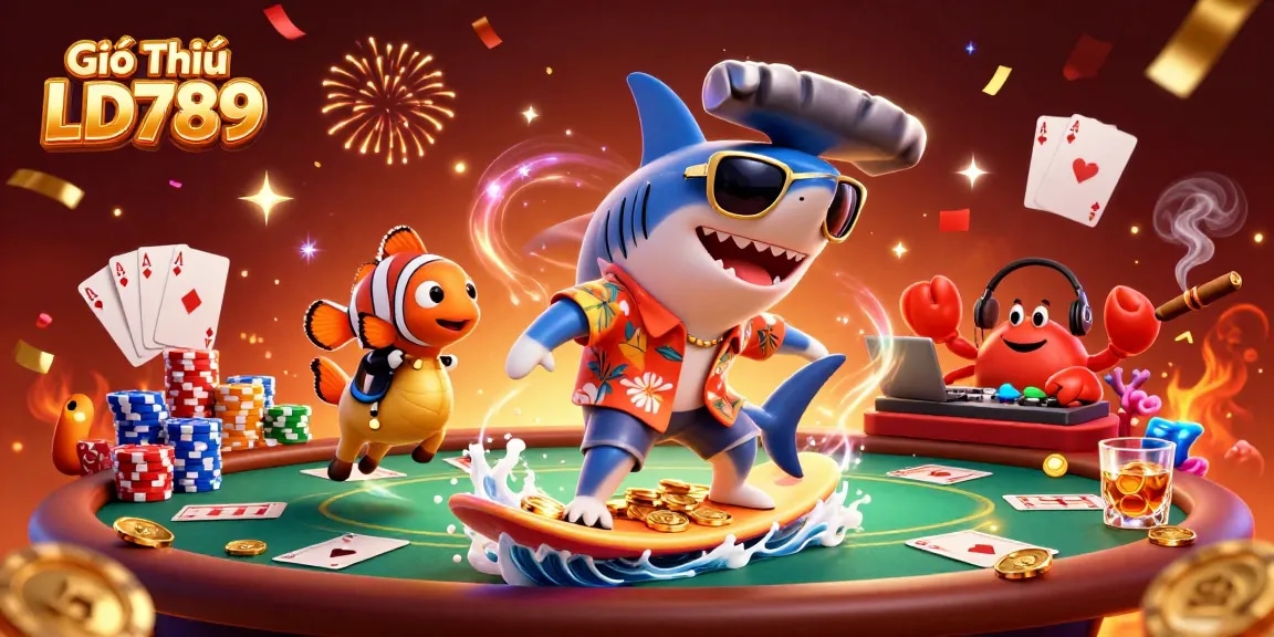 Experience casino excitement with Giới Thiệu LD789 illustrated through vibrant 3D characters and dynamic gaming elements.