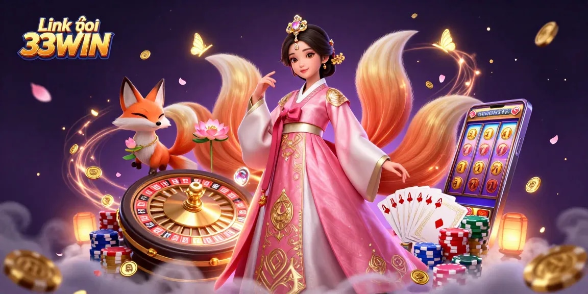 Experience the thrill of gaming with Link vào 33WIN, featuring vibrant casino elements and characters.