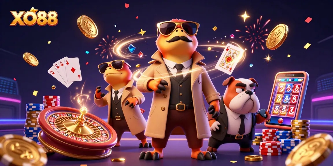 Experience thrilling gaming action with XO88 in a vibrant casino scene.
