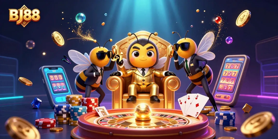 BJ88 casino scene with a bumblebee mob boss, wasp bodyguards, and a butterfly informant amidst flying coins and cards.