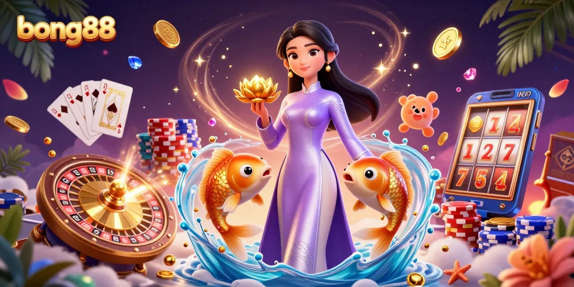 Bong88 offers exciting gameplay with a vibrant casino scene featuring an elegant woman, koi fish, and dynamic gaming elements.