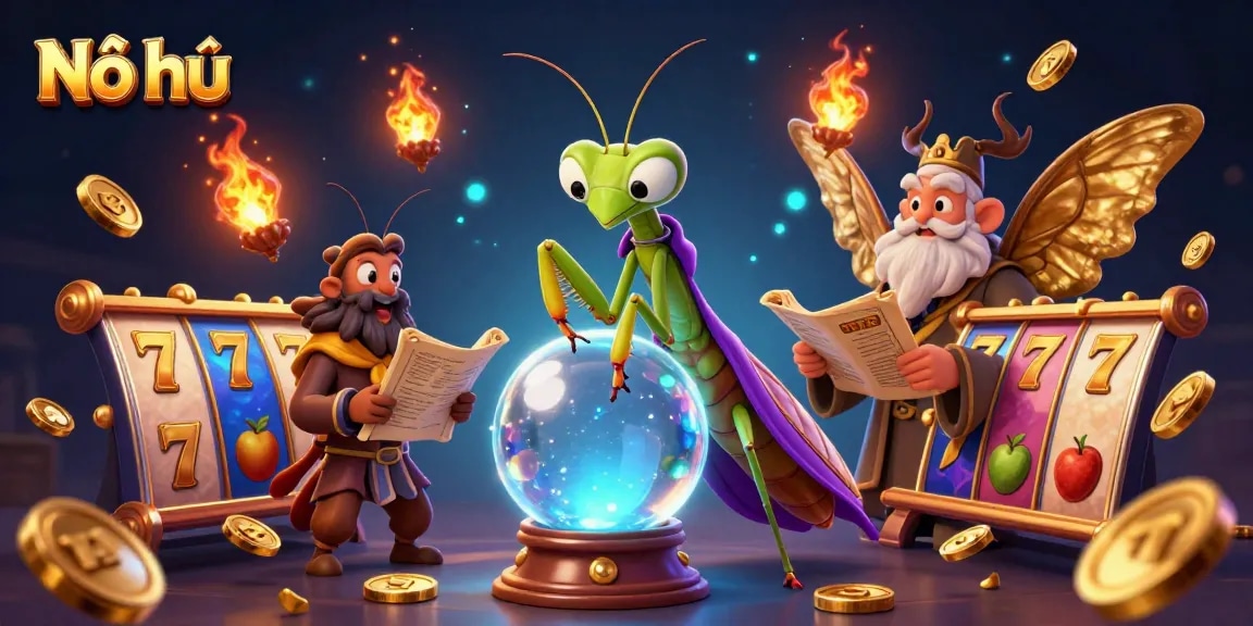 Nổ hũ energizes the game with vibrant slot symbols and a captivating fortune teller scene.
