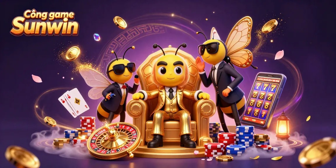 Experience the excitement of Cổng game Sunwin with a dazzling 3D scene featuring a cartoon mob boss and casino elements.