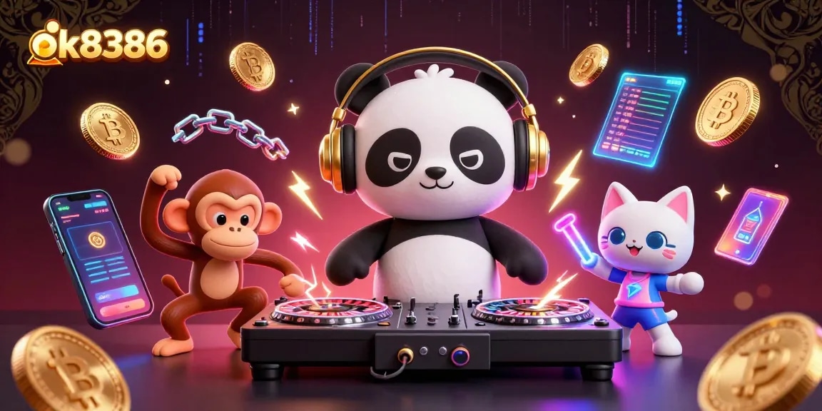 ok8386 captures an electric casino scene featuring a DJ panda, a dancing monkey, and a rave kitten amidst cryptocurrencies.