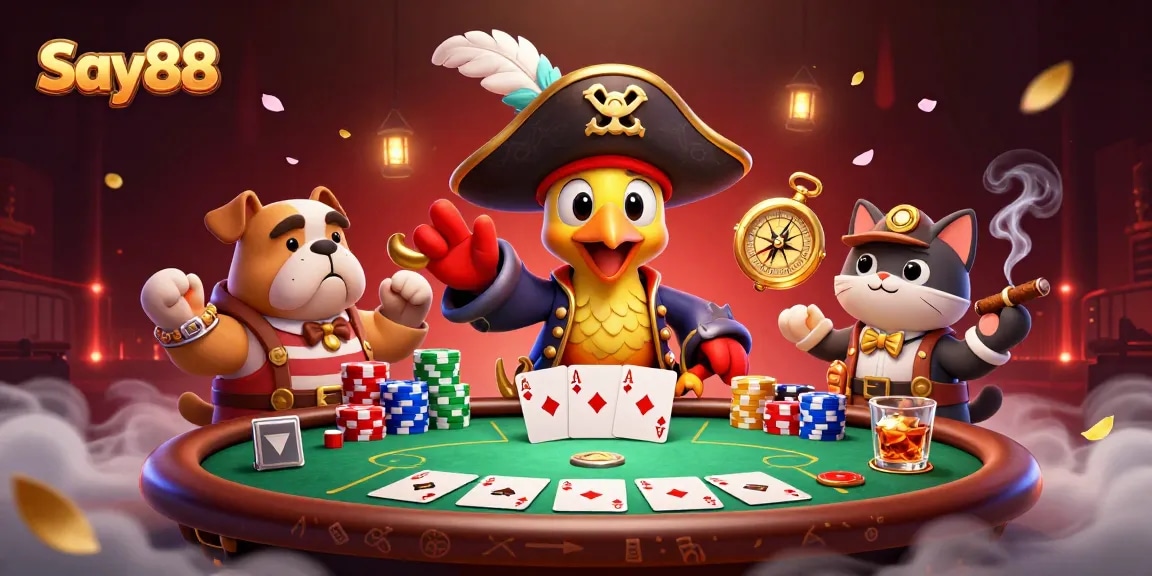 Experience exciting gameplay at Say88 with vibrant poker elements and a pirate captain!