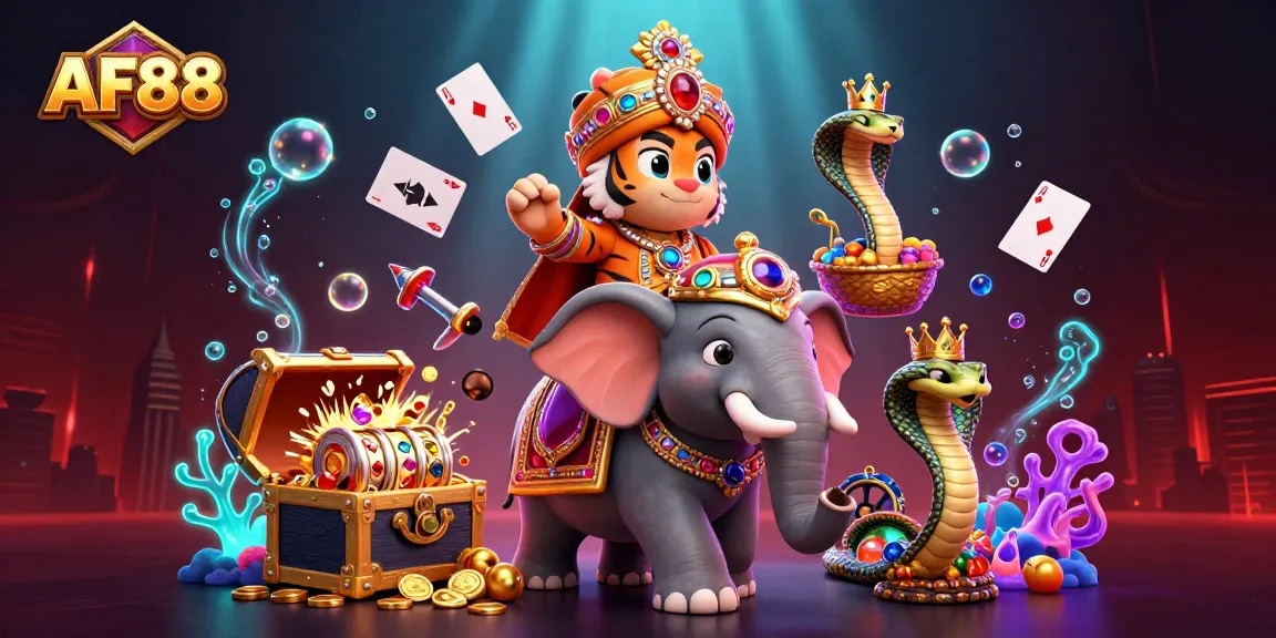 Win big with AF88 in an energetic 3D casino scene featuring rich treasures and vibrant gaming elements.