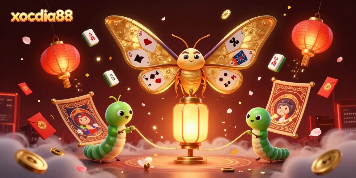Xocdia88's vibrant 3D casino illustration featuring a golden atlas moth, lucky charms, and rich gaming elements.