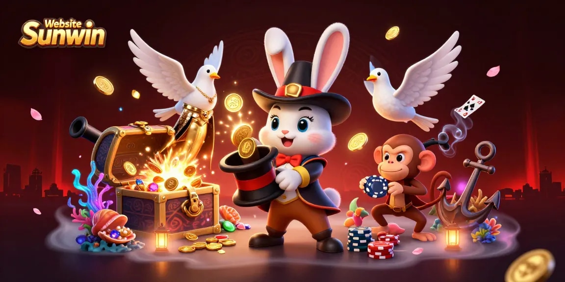 Engage with Website Sunwin's thriving casino scene in this magical illustration, featuring a magician rabbit, dove, and monkey.
