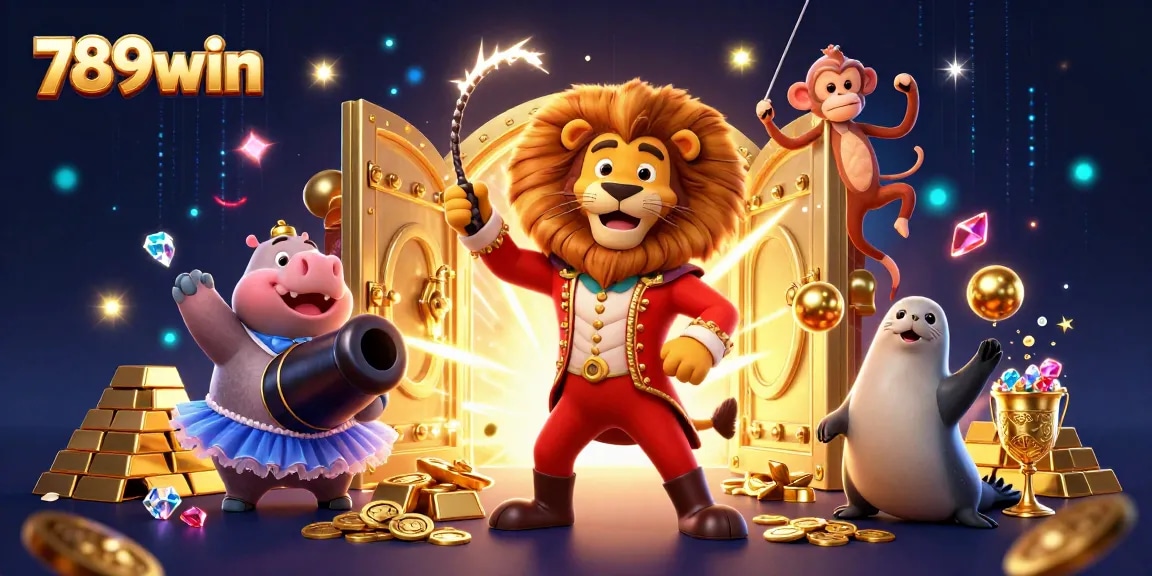 Engage in thrilling gameplay at 789win with a vibrant circus-themed casino illustration.