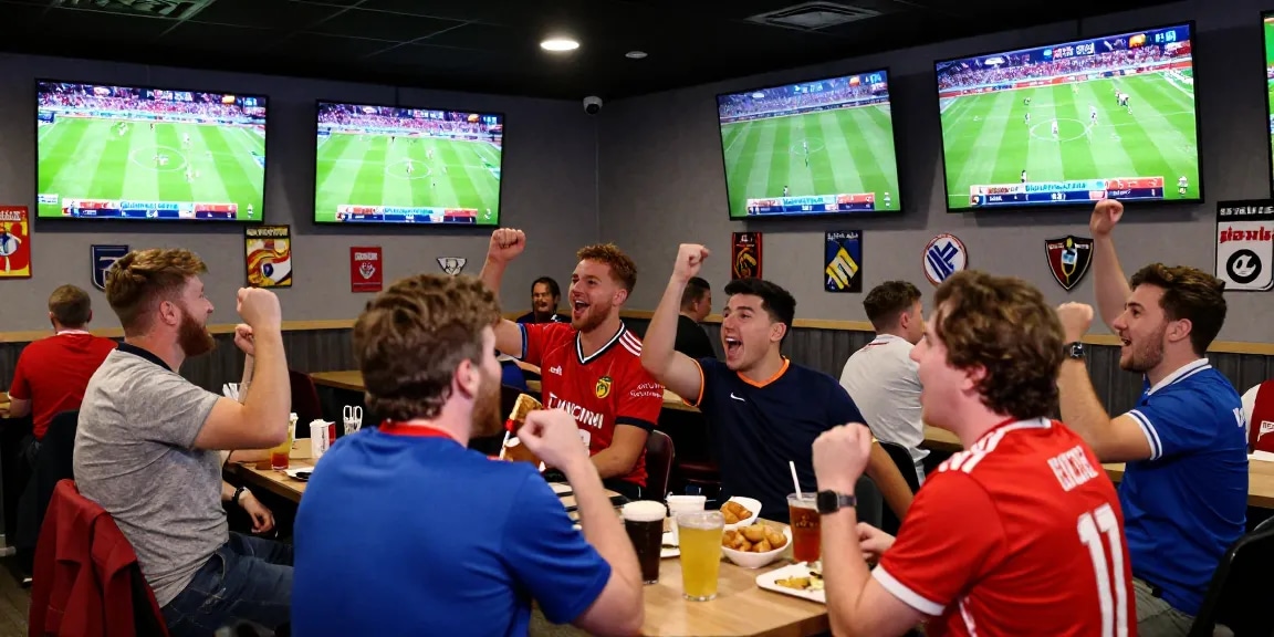 BOLA88 fans excitedly cheering at a sportsbook venue during live matches, showcasing a vibrant sports betting atmosphere.
