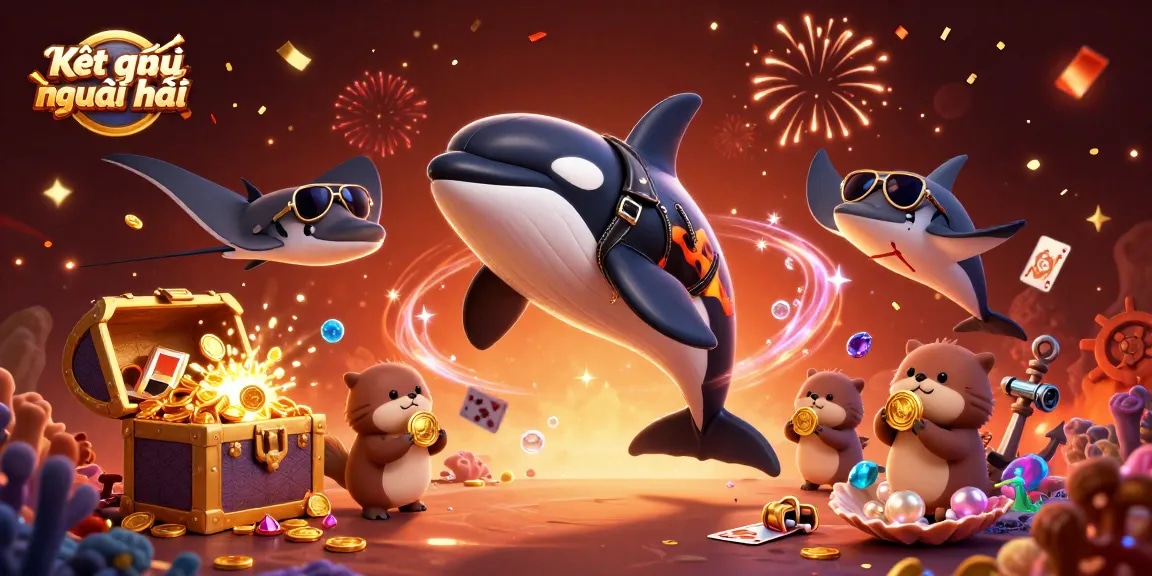 Catch thrilling action with Kết quả bóng đá mới nhất featuring an orca, stingray, and otters celebrating with gold coins.