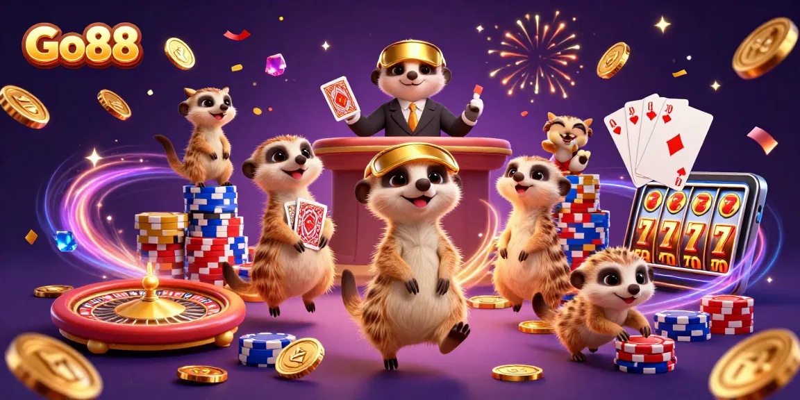 Experience Go88's vibrant casino adventure with meerkats in an ultra-detailed digital illustration.