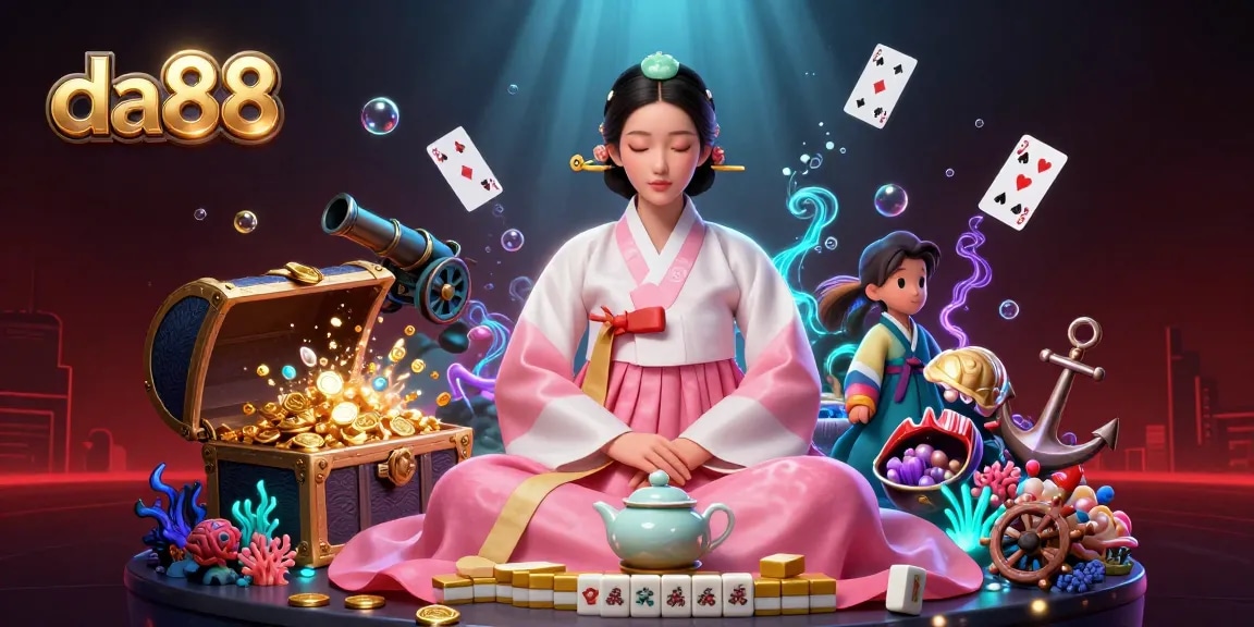Engage with the da88 casino scene featuring a serene Asian woman alongside vibrant gold treasures and playing cards.