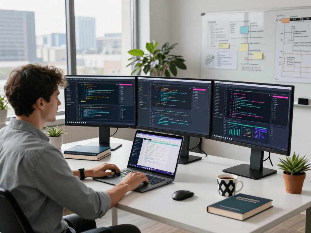 Developer coding in a modern tech workspace featuring net88 analytics on multiple screens.