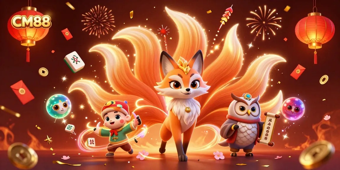 Experience CM88's vibrant gaming world with a glowing nine-tailed fox spirit and a wise owl sage amidst casino excitement.