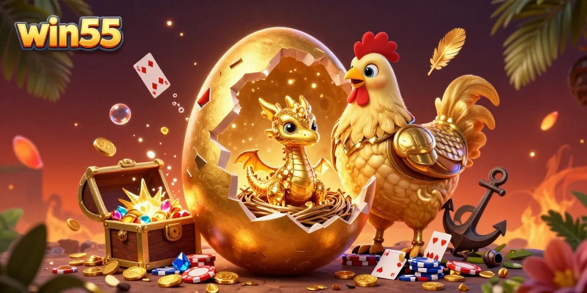 Experience the excitement of win55 with crystallized golden dragon and poker chips in a vibrant 3D casino scene.