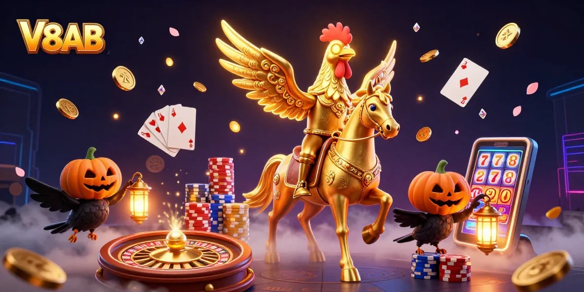 Experience thrilling wins at V8AB with a golden rooster in a vibrant casino scene