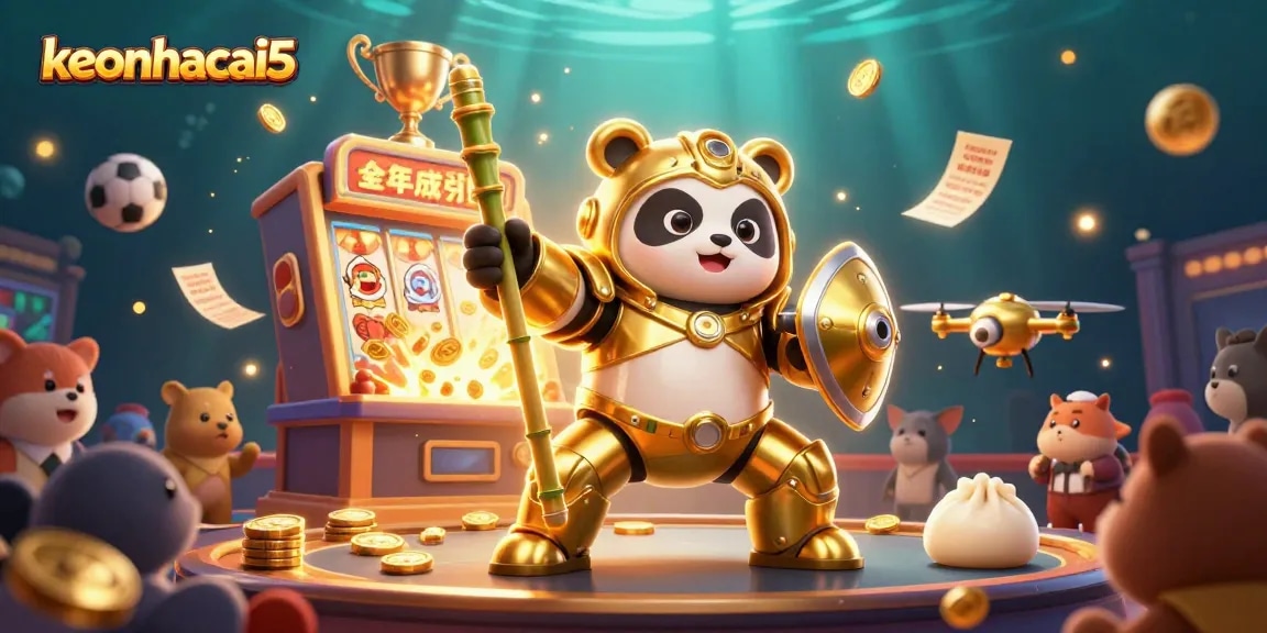 Engage with the vibrant world of keonhacai5 as the golden panda battles in a dynamic sports betting arena.