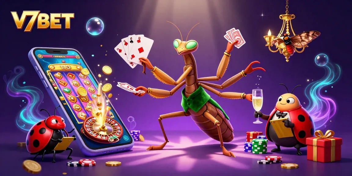 Experience thrilling gameplay with V7BET in a vibrant casino scene featuring unique characters and dynamic gaming elements.