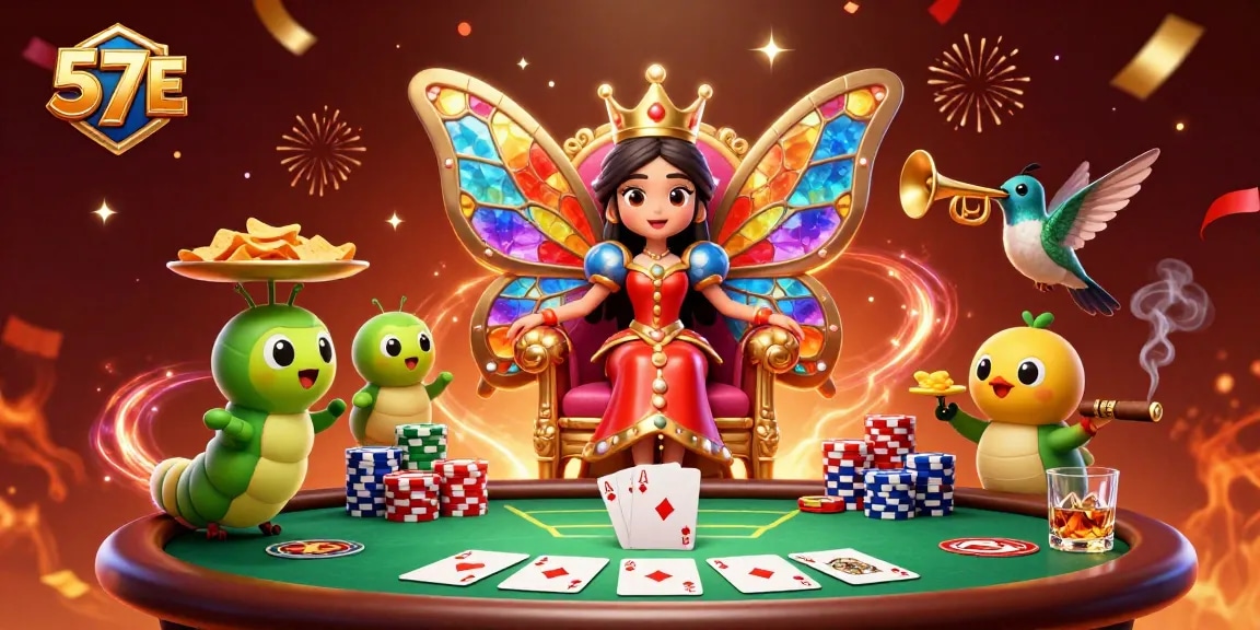Experience thrilling poker excitement with 57E's vibrant casino illustration featuring a butterfly queen.