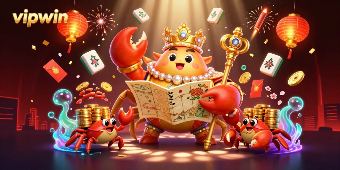 Experience thrilling gameplay at vipwin with vibrant casino-themed illustration of a golden crab emperor among treasures.