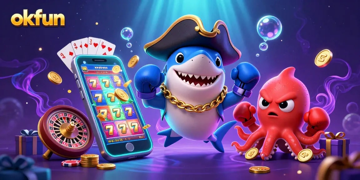 Spin to win with okfun as cartoon characters celebrate jackpot moments in a vibrant casino scene.