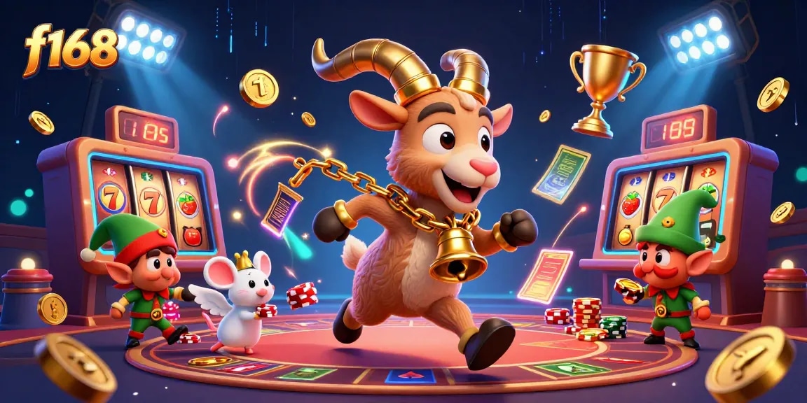 Experience electrifying gameplay at f168 with a festive casino scene featuring animated characters.