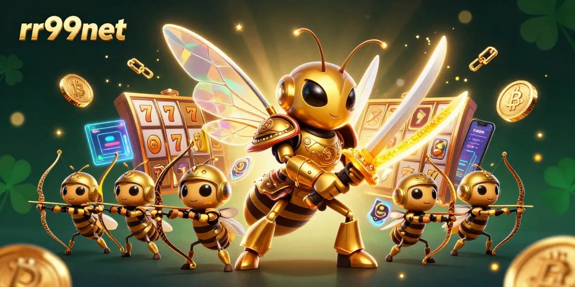 Immerse in thrilling gameplay at rr99net with a vivid 3D illustration of a golden samurai hornet and dynamic slot elements.