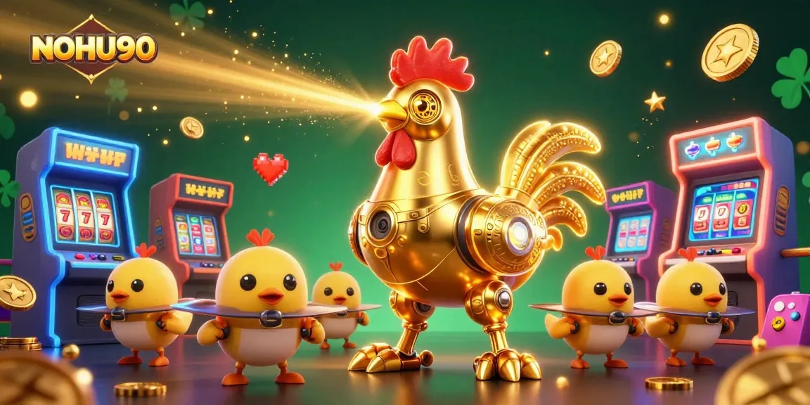 NOHU90 features an exhilarating golden rooster robot with vibrant casino game elements, symbolizing gaming excitement.