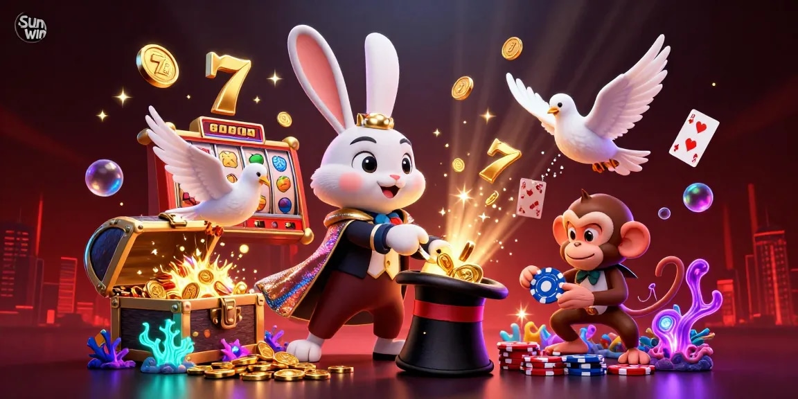 Sun win scene depicting a magician rabbit pulling coins, slot reels, and vibrant gaming elements.
