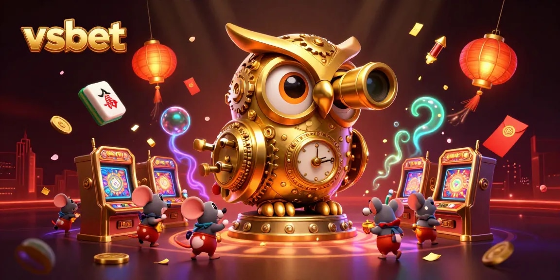 Experience excitement at vsbet with a captivating casino scene featuring a golden owl overseeing vibrant gaming activity.