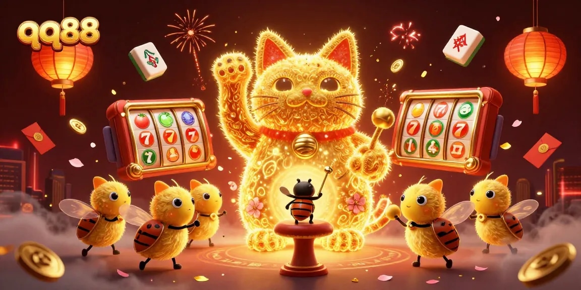 Experience the excitement of qq88 with a cheerful lucky cat made of fireflies amidst thrilling casino symbols.