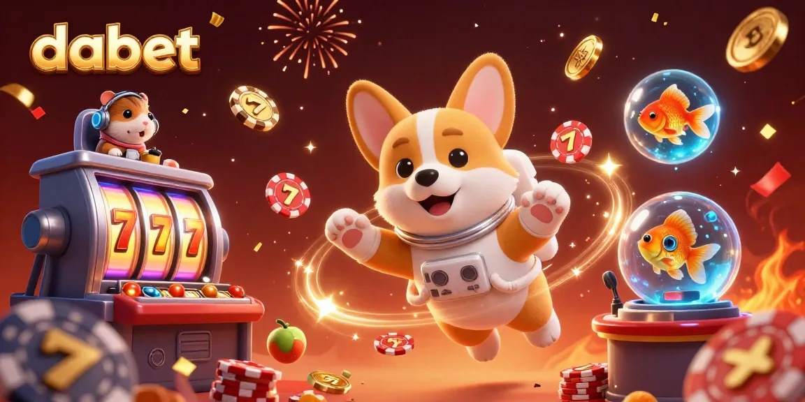 Experience excitement at dabet with a vibrant casino scene featuring a corgi astronaut, interactive slot reels, and cosmic celebrations.