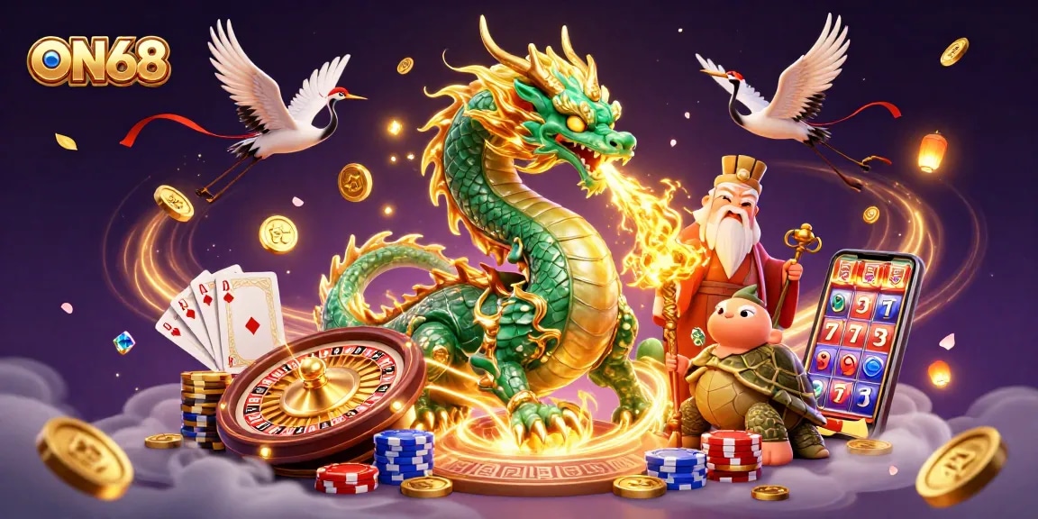 Engage with ON68, as the emerald jade dragon unleashes fiery luck in a vibrant casino atmosphere.
