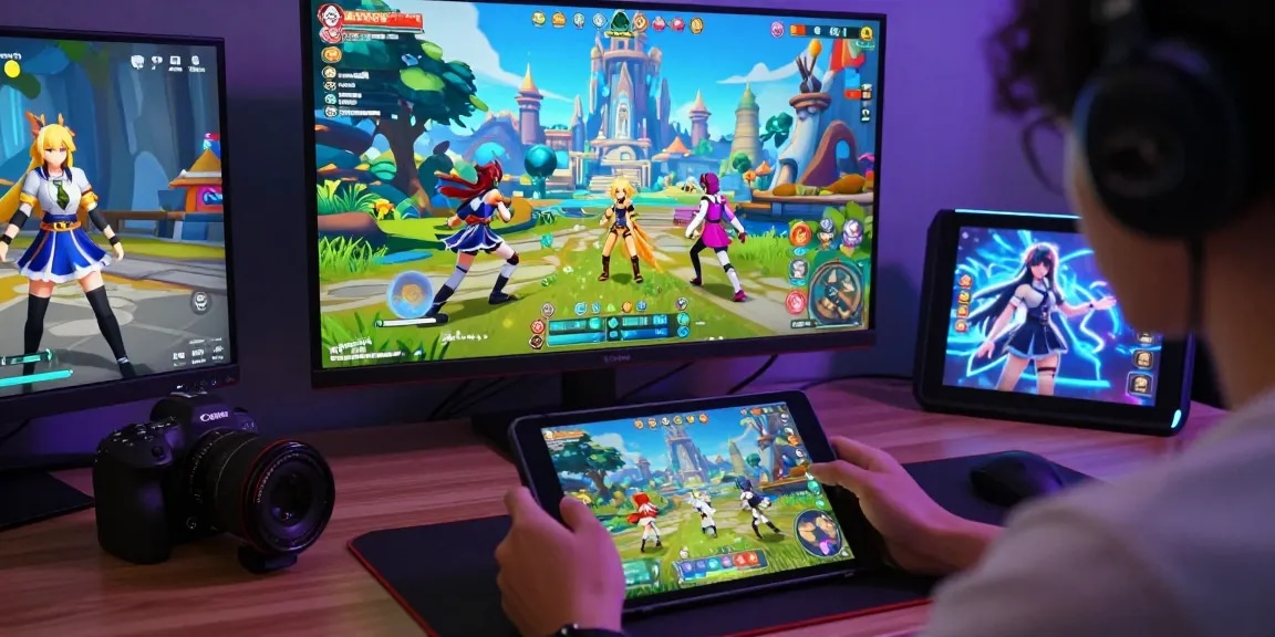 A player immersed in vibrant hentai games surrounded by dynamic characters and colorful graphics, showcasing an interactive virtual gaming environment.