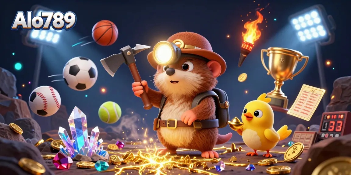 Alo789 showcases an exciting scene with a treasure hunter mole amidst sports elements, enhancing the gaming experience.