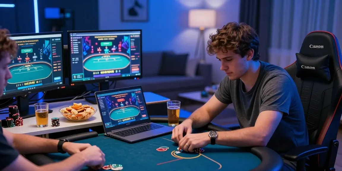 Dewapoker online poker game scene with players engaged in a competitive atmosphere at home.