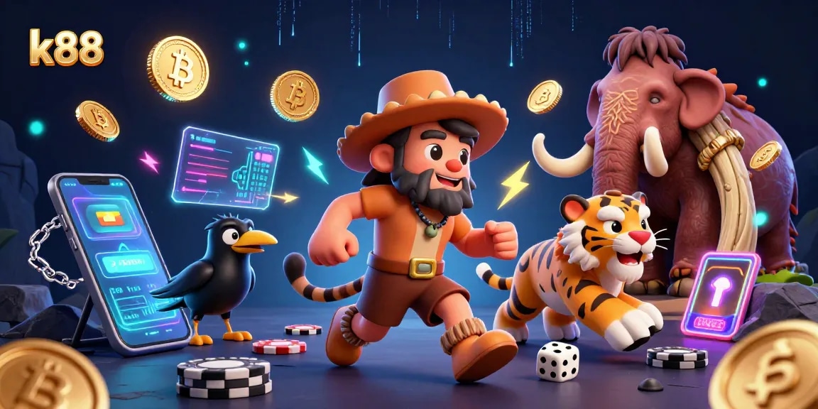 K88 casino adventure with caveman, sabertooth tiger, and crow in a rich 3D illustration.
