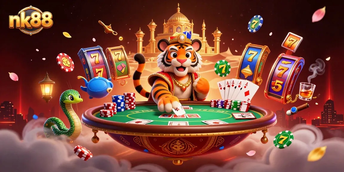 Engage with nk88's vibrant casino experience, featuring a magical sultan and gaming elements.
