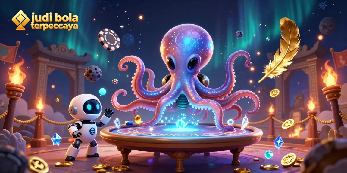 Engage in exciting gaming at judi bola terpercaya with an alien octopus and holographic poker table.