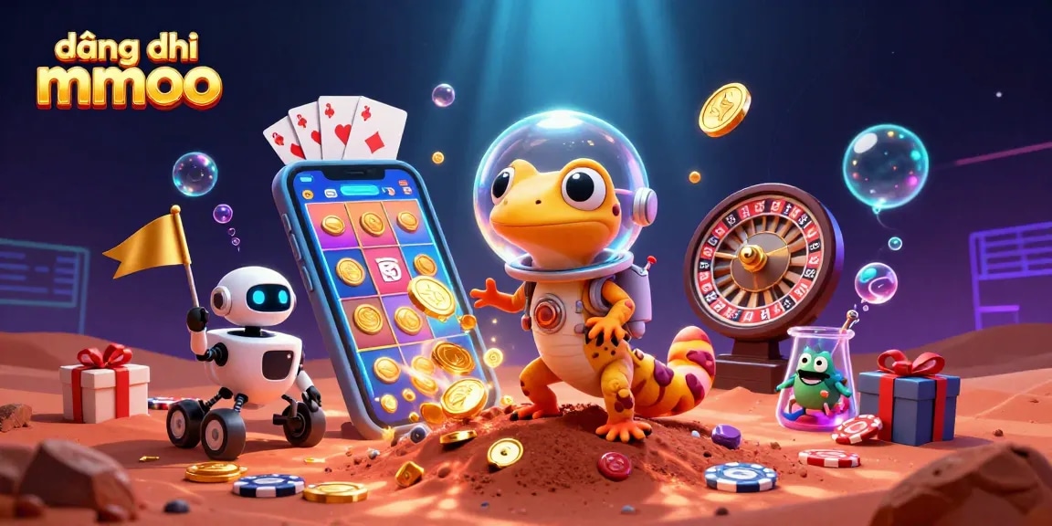Experience engaging gameplay with đăng ký mmoo, featuring vibrant animated scenes of a Martian gecko discovering a casino.