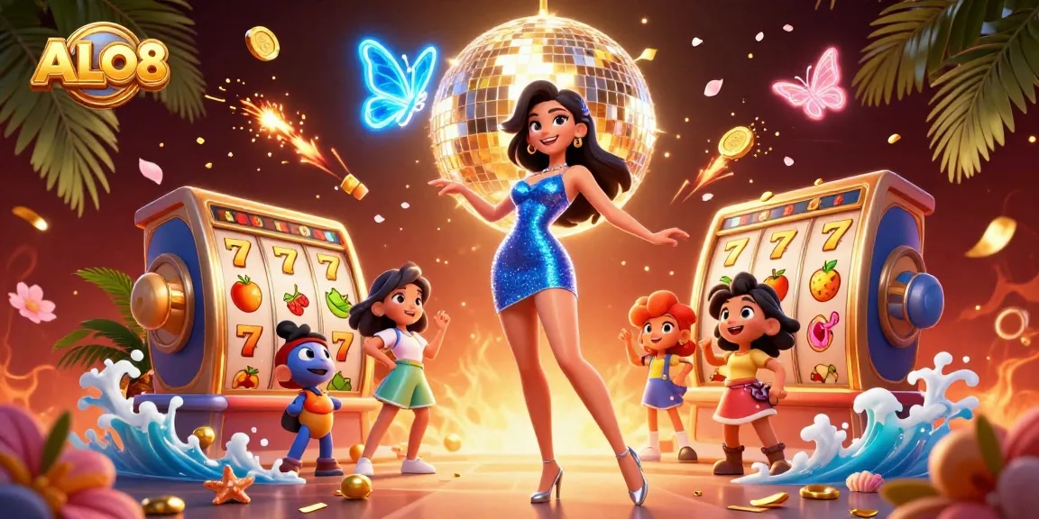 Explore ALO8's vibrant slot game scene with a glamorous woman, neon butterflies, and festive elements.