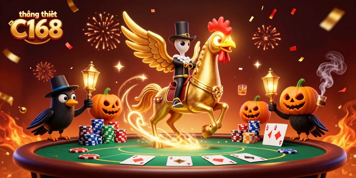 Experience thrilling entertainment at thương hiệu C168 with a vibrant casino scene featuring a unique golden rooster avatar.